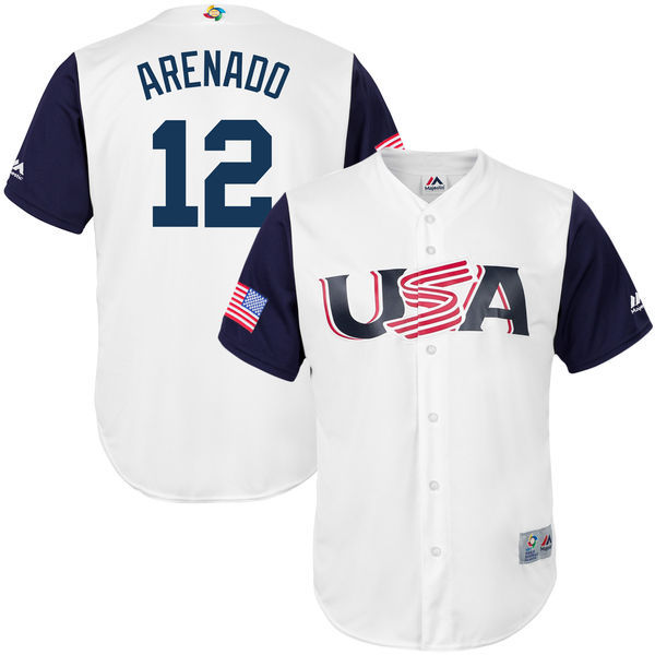 customized Men USA Baseball #12 Nolan Arenado Majestic White 2017 World Baseball Classic Replica Jersey